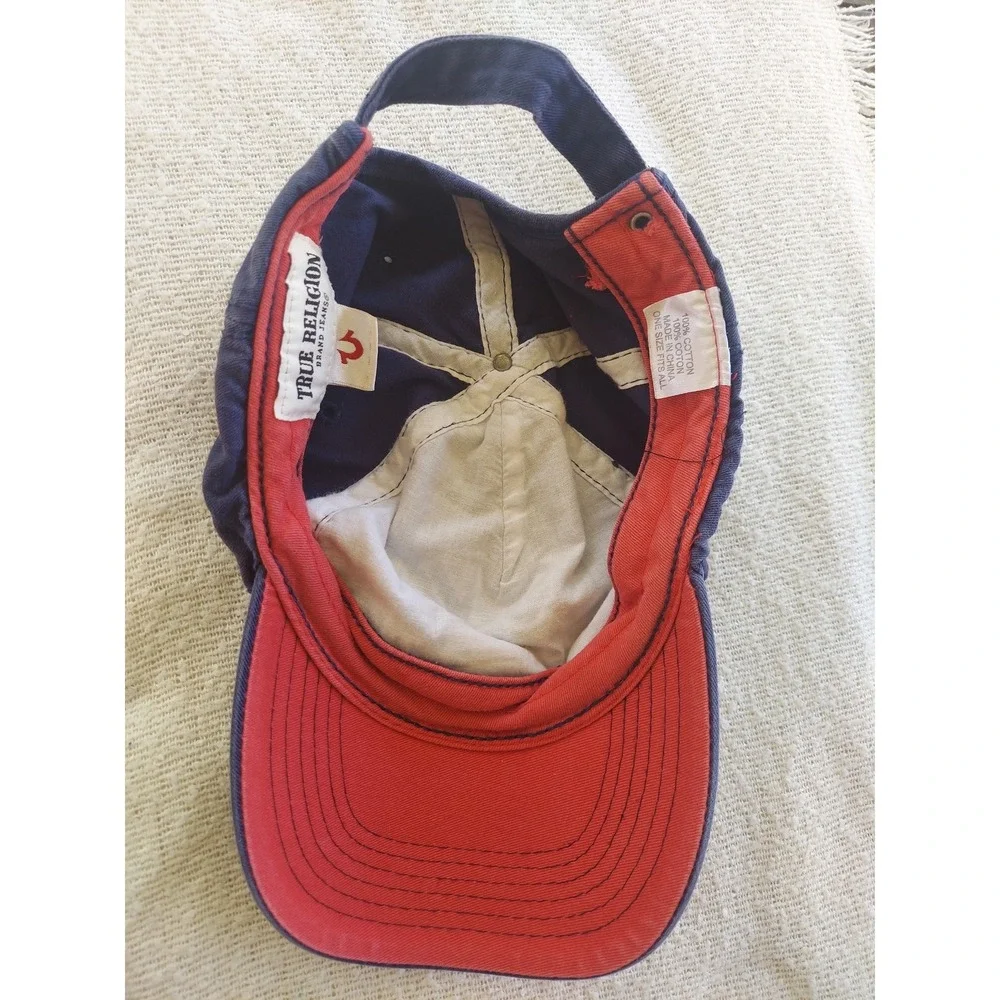 True Religion Hat Unisex OS Navy Love 1971 Buddha Logo Distressed Baseball Cap